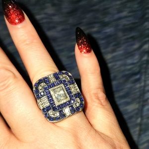 Art Neuvo style 1920's ring size 7 Sapphire Cubic Zirconia Costume Jewelry Gift